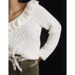 NWT Anthropologie Ruffled Boat Neck Ivory Sweater - Size: XL